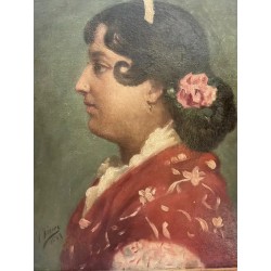J.FIERRO S.XIX DAMA CON MANTÓN ROJO. Óleo sobre tablex