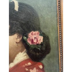J.FIERRO S.XIX DAMA CON MANTÓN ROJO. Óleo sobre tablex