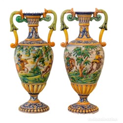 Jarrones Ánforas Talavera Escenas Ecuestres Cerámica Artística Vintage