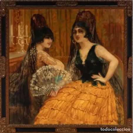 Óleo Manolas Españolas Ramón Mir i Escudé - Arte Costumbrista Catalán 1920
