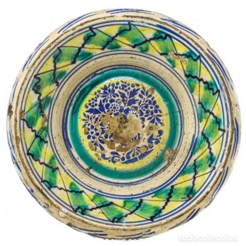 Lebrillo Antiguo Cerámica de Triana Siglo XIX - Cuenco Andaluz Verde Azul 37cm