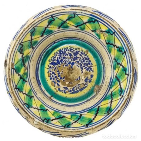 Lebrillo Antiguo Cerámica de Triana Siglo XIX - Cuenco Andaluz Verde Azul 37cm