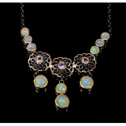 Gargantilla Plata Ópalo y Amatista - Collar Flores Bicolor - Joya Elegante