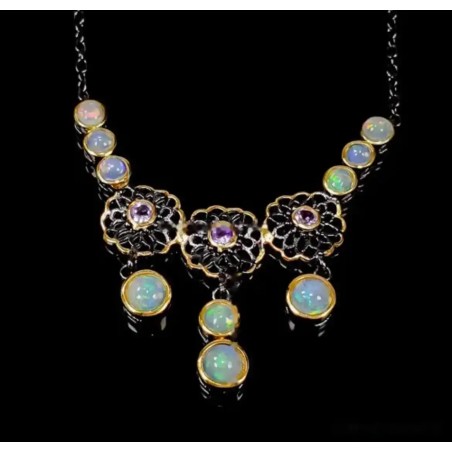 Gargantilla Plata Ópalo y Amatista - Collar Flores Bicolor - Joya Elegante