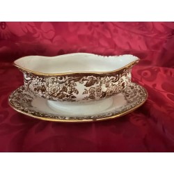 Salsera Cartuja Pickman Modelo Aurora Porcelana Vintage Marrón y Oro
