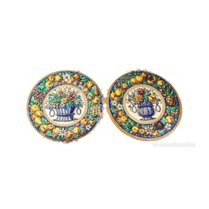 Pareja de Platos Decorativos Cerámica de Triana - Arte Andaluz Frutal 30cm Vintage