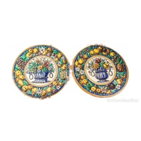 Pareja de Platos Decorativos Cerámica de Triana - Arte Andaluz Frutal 30cm Vintage
