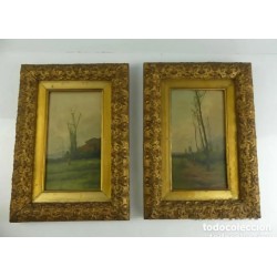Pareja de dos antiguas pinturas al óleo sobre tablas firmadas y enmarcadas