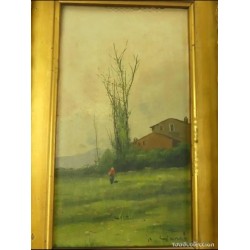 Pareja de dos antiguas pinturas al óleo sobre tablas firmadas y enmarcadas