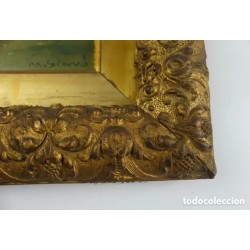 Pareja de dos antiguas pinturas al óleo sobre tablas firmadas y enmarcadas