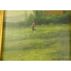 Pareja de dos antiguas pinturas al óleo sobre tablas firmadas y enmarcadas