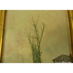 Pareja de dos antiguas pinturas al óleo sobre tablas firmadas y enmarcadas