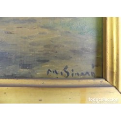 Pareja de dos antiguas pinturas al óleo sobre tablas firmadas y enmarcadas