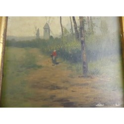 Pareja de dos antiguas pinturas al óleo sobre tablas firmadas y enmarcadas