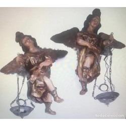 Pareja de Ángeles Tallados Siglo XVIII - Esculturas Barrocas Policromadas Lampareros