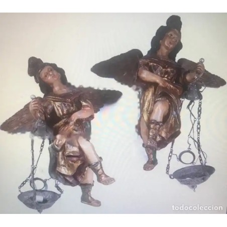 Pareja de Ángeles Tallados Siglo XVIII - Esculturas Barrocas Policromadas Lampareros