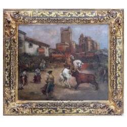 Óleo de Corrida de Toros en Turégano por Emilio Poy Dalmau - Arte Taurino Español