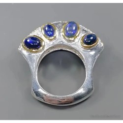 Anillo de Plata con 4 Ópalos Negros - Diseño Artesanal Exclusivo Bicolor