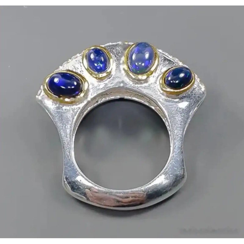 Anillo de Plata con 4 Ópalos Negros - Diseño Artesanal Exclusivo Bicolor