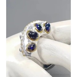 Anillo de Plata con 4 Ópalos Negros - Diseño Artesanal Exclusivo Bicolor