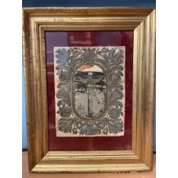 Relicario Antiguo Bordado en Plata - Cristo Crucificado Marco Oro S.XVIII Documento