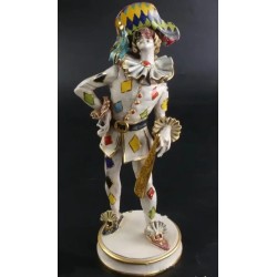 Figura Arlequín de Porcelana Italiana - Escultura Decorativa Capodimonte 33x11cm