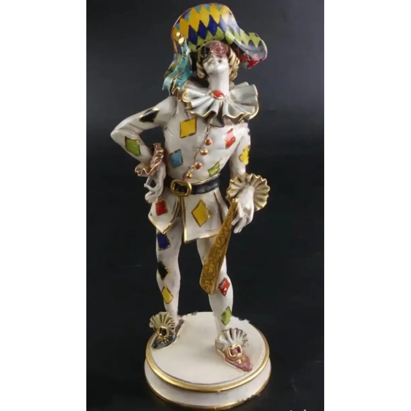 Figura Arlequín de Porcelana Italiana - Escultura Decorativa Capodimonte 33x11cm