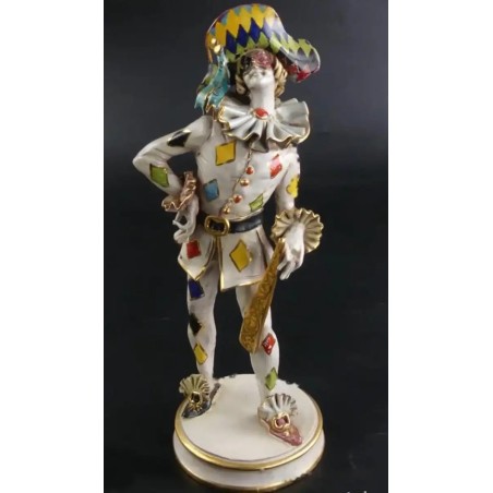 Figura Arlequín de Porcelana Italiana - Escultura Decorativa Capodimonte 33x11cm