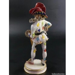 Figura Arlequín de Porcelana Italiana - Escultura Decorativa Capodimonte 33x11cm