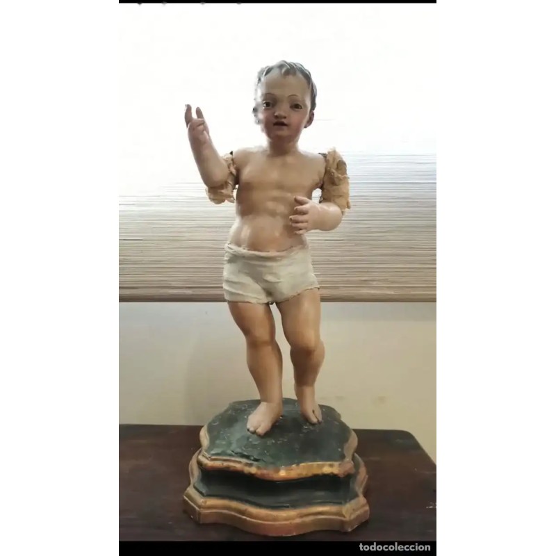 Niño Jesús Antiguo Talla Cedro Siglo XVIII - Escultura Religiosa Colonial Peana Posterior