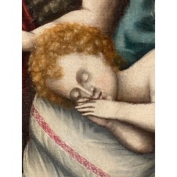 Óleo Sagrada Familia con San Juanito - Escuela Española Siglo XVII Marco Dorado