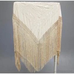 Mantón de Manila Bordado en Seda Marfil - Flecos Largos con Motivos Florales Vintage
