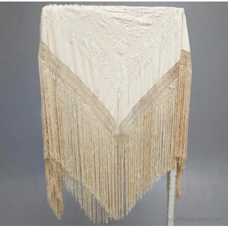 Mantón de Manila Bordado en Seda Marfil - Flecos Largos con Motivos Florales Vintage