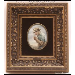 Óleo de Vicente Perachio García - Campesino con Caña Retrato Oval sobre Marfilina