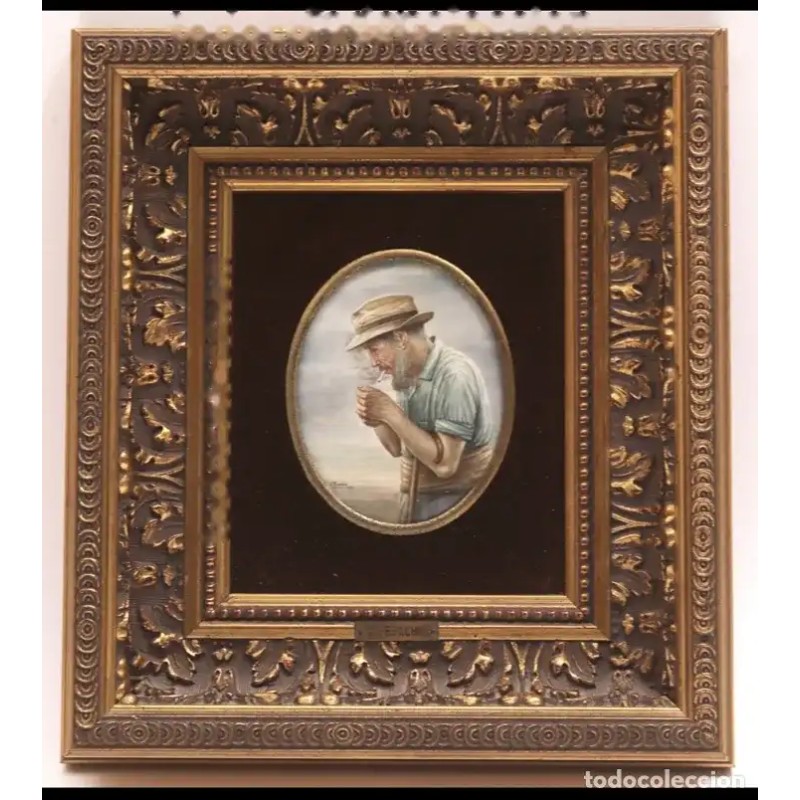 Óleo de Vicente Perachio García - Campesino con Caña Retrato Oval sobre Marfilina