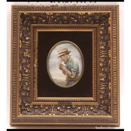 Óleo de Vicente Perachio García - Campesino con Caña Retrato Oval sobre Marfilina