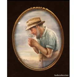 Óleo de Vicente Perachio García - Campesino con Caña Retrato Oval sobre Marfilina