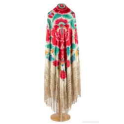 Mantón de Manila Antiguo Bordado en Seda Natural - Flores Multicolor Siglo XIX