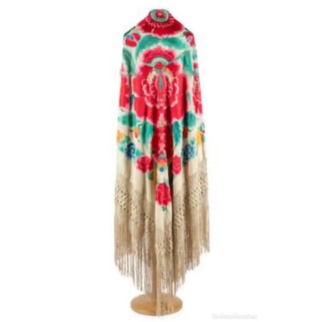 Mantón de Manila Antiguo Bordado en Seda Natural - Flores Multicolor Siglo XIX