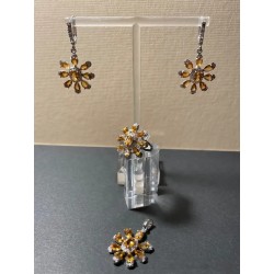 Conjunto de Plata con Citrinos Amarillos - Pendientes, Anillo y Colgante Floral