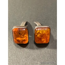 Gemelos de Plata con Ámbar Natural Báltico - Forma Cuadrada Elegante Vintage