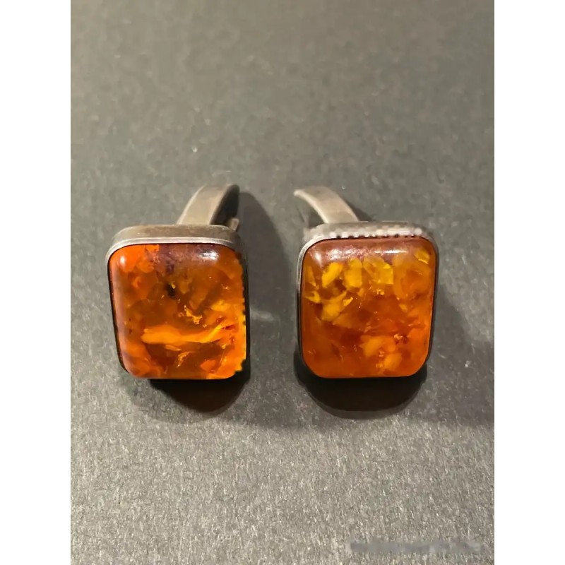 Gemelos de Plata con Ámbar Natural Báltico - Forma Cuadrada Elegante Vintage