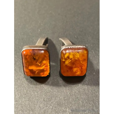 Gemelos de Plata con Ámbar Natural Báltico - Forma Cuadrada Elegante Vintage