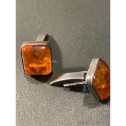 Gemelos de Plata con Ámbar Natural Báltico - Forma Cuadrada Elegante Vintage