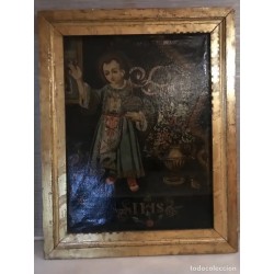 Óleo Niño Jesús Pasionario Siglo XVII - Pintura Religiosa Marco Dorado Antigua