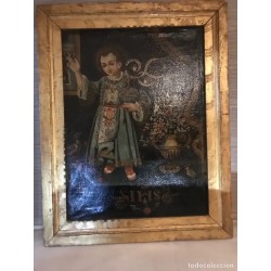 Óleo Niño Jesús Pasionario Siglo XVII - Pintura Religiosa Marco Dorado Antigua
