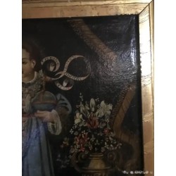 Óleo Niño Jesús Pasionario Siglo XVII - Pintura Religiosa Marco Dorado Antigua