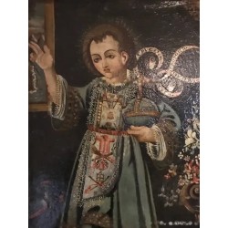 Óleo Niño Jesús Pasionario Siglo XVII - Pintura Religiosa Marco Dorado Antigua