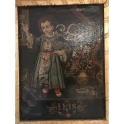 Óleo Niño Jesús Pasionario Siglo XVII - Pintura Religiosa Marco Dorado Antigua