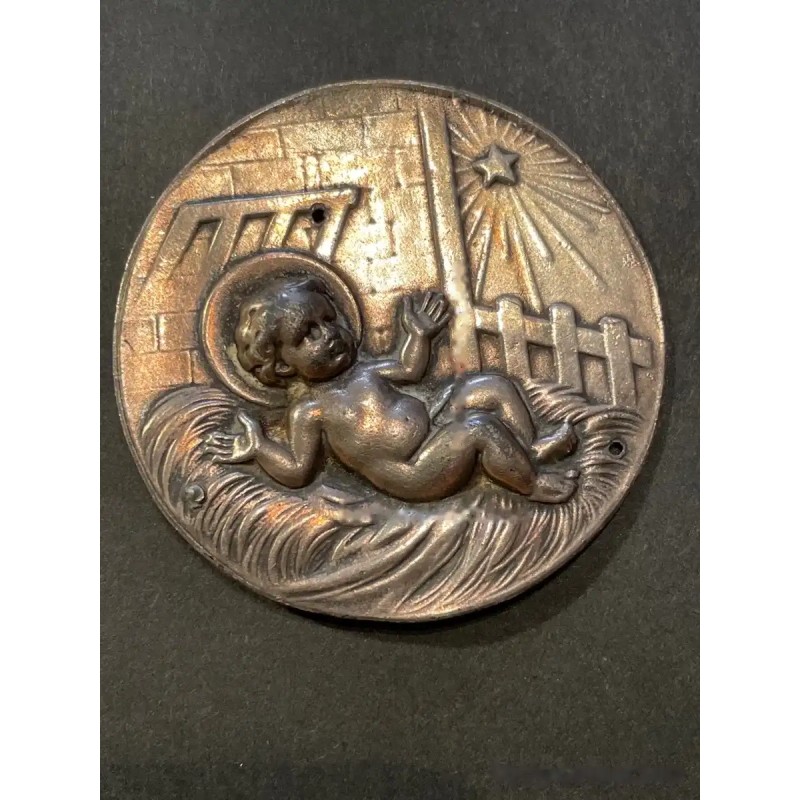 Medalla Antigua de Bronce con Niño Jesús en el Pesebre - Pieza Religiosa Coleccionable